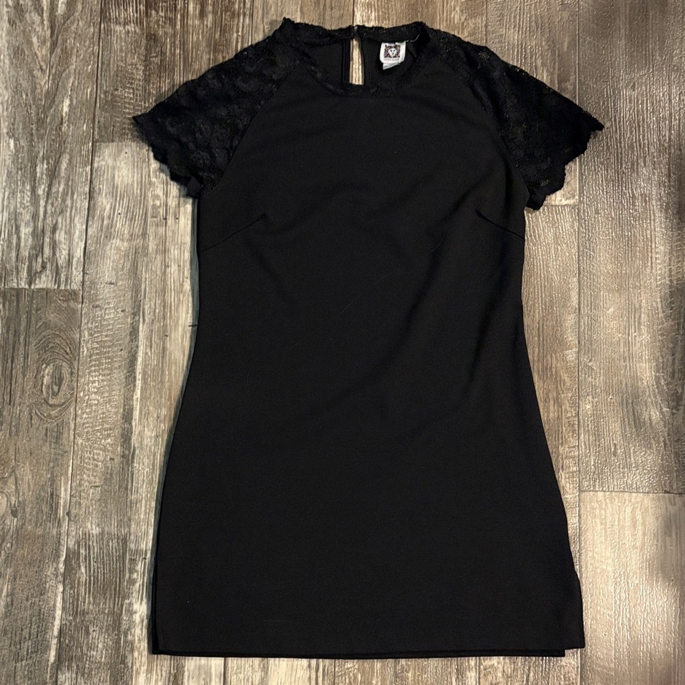 Anne Klein Minimalist Black Mini Dress with Lace Sleeves